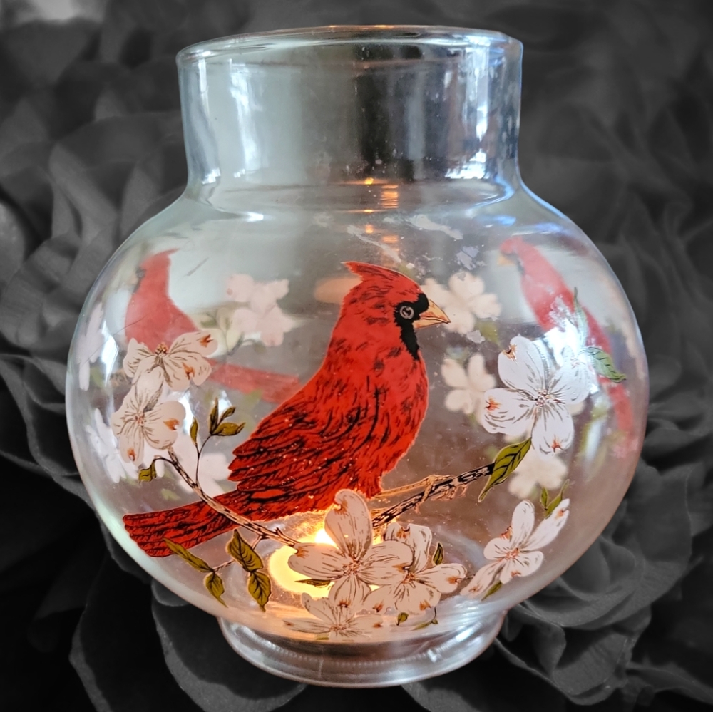 Vtg Hand Painted Globe Shade Red Cardinal White Flowers